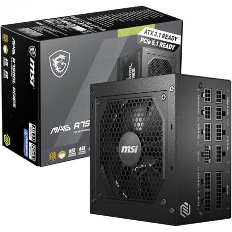 Msi Mag A750Gl Pcie5 Power Supply Unit, 750W, 80 Plus Gold, Fully Modular, Atx 3.0, Pcie 5.0 Gpu Support, 120Mm Fdb Fan, Full-Bridge Llc, Flat Black Cables - 7 Year Warranty