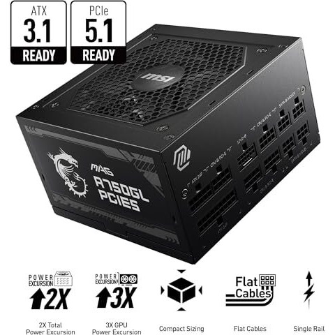 Msi Mag A750Gl Pcie5 Power Supply Unit, 750W, 80 Plus Gold, Fully Modular, Atx 3.0, Pcie 5.0 Gpu Support, 120Mm Fdb Fan, Full-Bridge Llc, Flat Black Cables - 7 Year Warranty