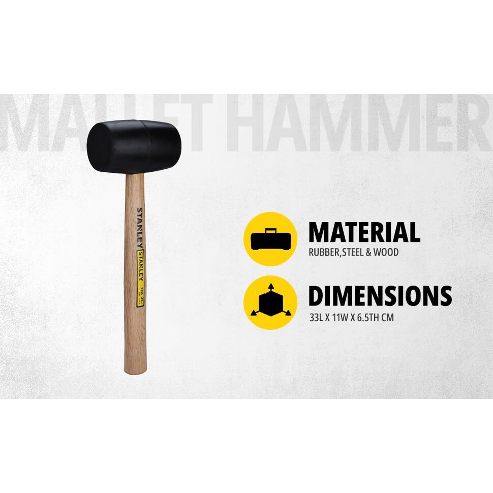 Stanley Stht57528-8 Rubber Mallet For Masonry, Woodwork, Fittings For Home, Diy, Mechanic, Industrial & Professional Use, 680 Gm, Yellow & Black