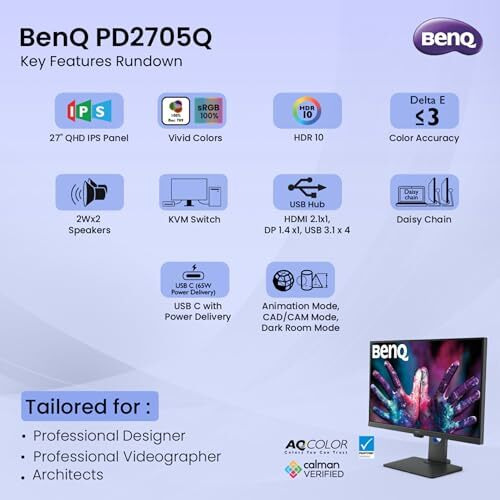 Benq Pd2705Q 27" 2560X1440 Qhd 60Hz Ips|Hdr10| 100% Srgb & Rec.709|Pantone Validated|Calman Verified|Daisy Chain|Animation Mode|Designvue Color Accurate Monitor|Auto Pivot|Hdmi|Dp|Usb-C(65W) (Black)