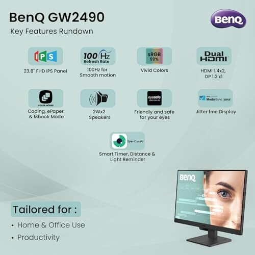 Benq Gw2490 24 Inches 1920X1080P Fhd Ips Monitor| 100Hz|99% Srgb|Eye-Careu|Dual Hdmi|Display Port|Bezel-Less|Eyesafe|Vesa Mediasync|B.I.|Low Blue Light+| Speakers|Vesa Wall Mountable(Black)