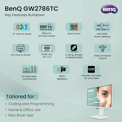 Benq Gw2786Tc 27" Ips 100Hz Full Hd Coding Monitor |Usb-C(65W Pd)| Daisy Chain| 99% Srgb| Coding Mode| Height Adjust|Hdmi| Dp| Usb Hub| 2Wx2 Speakers| Eye Care| Noise Cancelling Microphone (White)