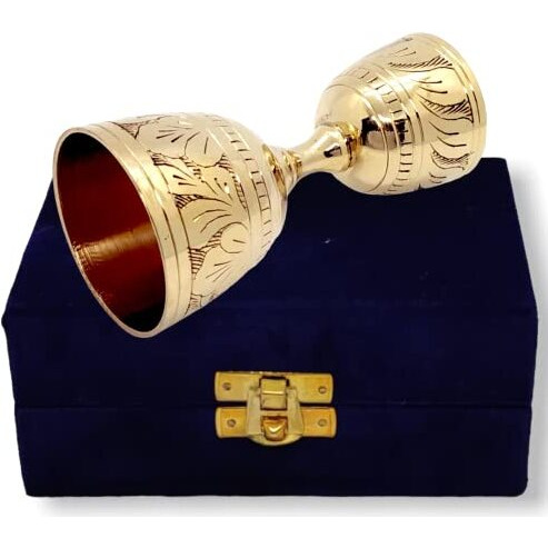 Akanksha Arts Epns, Brass Engraved Peg Measure Cup With Decorative Box, 30 Ml / 60 Ml, Golden