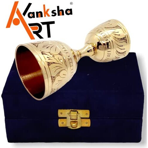 Akanksha Arts Epns, Brass Engraved Peg Measure Cup With Decorative Box, 30 Ml / 60 Ml, Golden