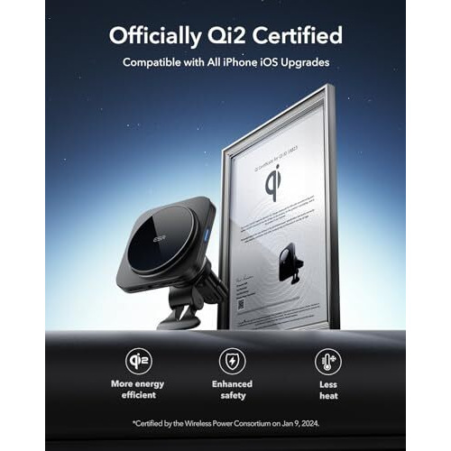 Esr For Qi2 15W Magsafe Car Mount Charger, Qi2-Certified Magsafe Car Charger, Air Vent/Dashboard Magnetic Wireless Car Charger, Car Phone Holder For Iphone 16/15/14/13/12 & S25, Fast Charging, Black