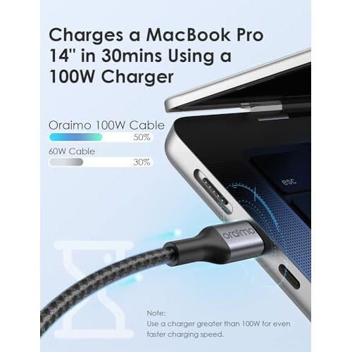 Oraimo 100W Built To Last Cable| 5A Ultra Fast Charging Experience | 10Ft/3M Tangle-Free Type C To Type C Cable | Macbook, Iphone 16, Ipad Pro/Air, Galaxy S24 Ultra & Realme Compatible