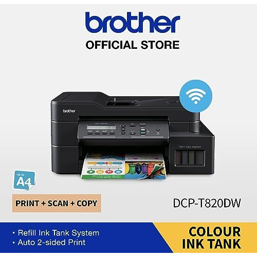 Brother Dcp-T820Dw Wifi Auto Duplex Color Ink Tank Multifunction Printer (Print Scan Copy), Adf, Lcd, Lan, Print Up To 7.5K Pages Black & 5K In Color Each For (Cmy), Extra Black Ink, Free Installation