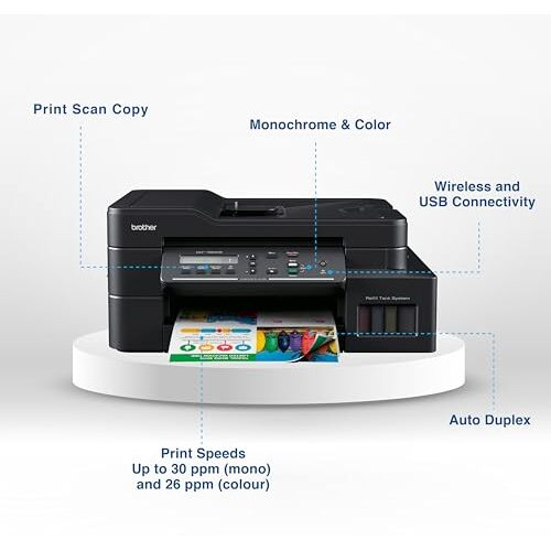 Brother Dcp-T820Dw Wifi Auto Duplex Color Ink Tank Multifunction Printer (Print Scan Copy), Adf, Lcd, Lan, Print Up To 7.5K Pages Black & 5K In Color Each For (Cmy), Extra Black Ink, Free Installation