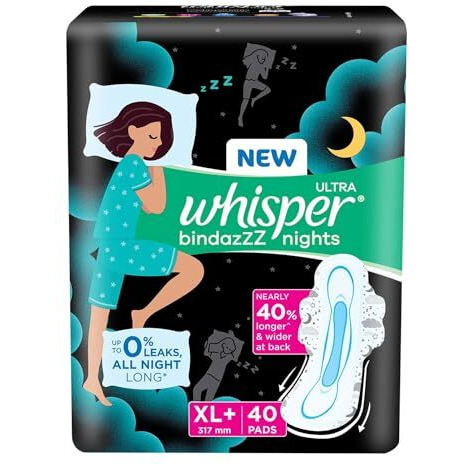 Whisper Bindazzz Nights Sanitary Pads, 40 Xl+ Pads, Upto 0% Leaks All Night Long, For Heavy Flow, 40% Longer & Wider Back, Comfortable Cushiony Soft Wings, Disposable Wrapper