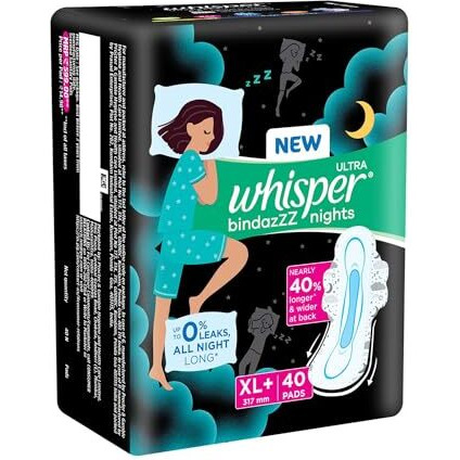 Whisper Bindazzz Nights Sanitary Pads, 40 Xl+ Pads, Upto 0% Leaks All Night Long, For Heavy Flow, 40% Longer & Wider Back, Comfortable Cushiony Soft Wings, Disposable Wrapper