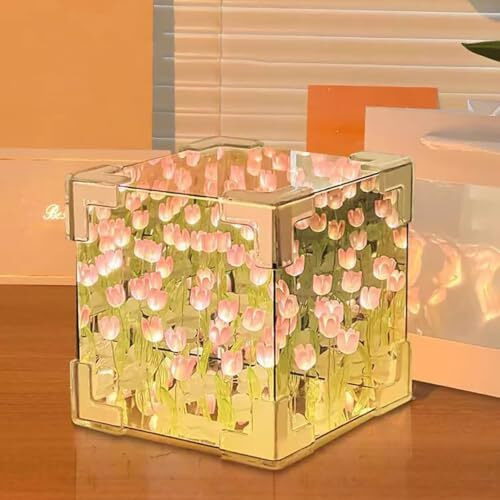 Cpensus Acrylic Diy - Do It Yourself - Tulip Cube Mirror Lamp, 30 Flowers Led Decorative Lamp, 2 In 1 Mirror & Table Ornaments For Bedroom Livingroom Desktop Decor Birthday Gift Multicolor