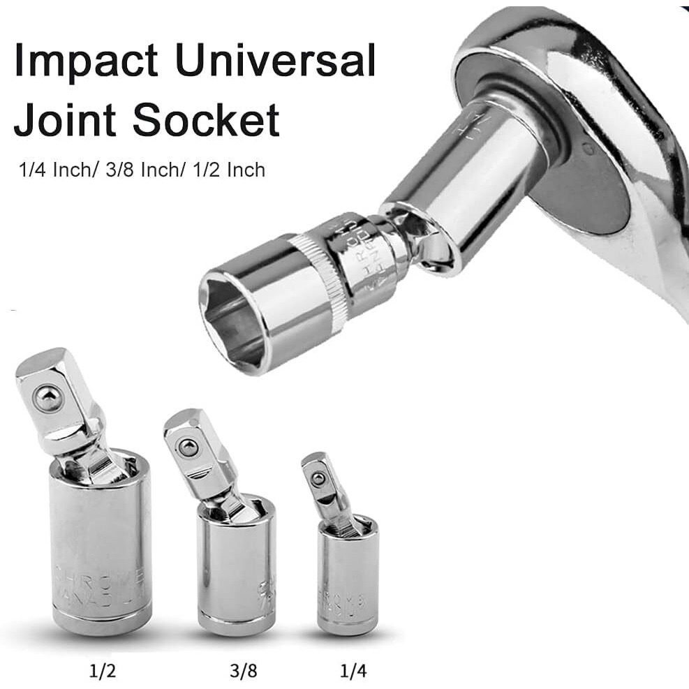Tcco Enterprise Impact Universal Joint Socket Sets 1/4 Inch, 3/8 Inch, 1/2 Inch Swivel Extension Drive U-Joints For Socket Adapter, Bar Extension, 360 Degree Rotation Impact Wrench Accessories(Silver)