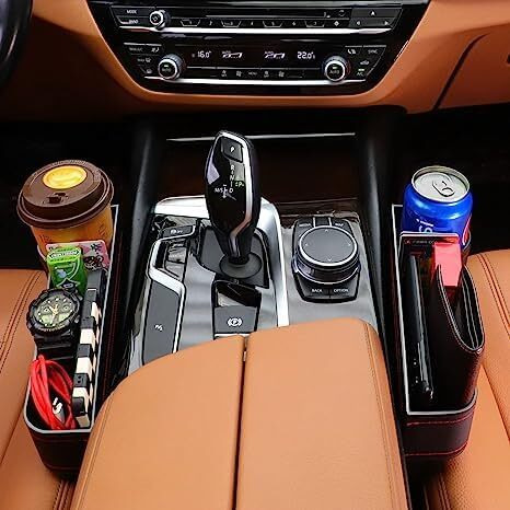 Vinsu Car Side Organizer For Driver Seat Gap Filler Console Side Pocket With Bottle Cans Holder, Space Saving Rack Holding Cards, Phones, Keys, Coins (Black/ Driver Side/ 27 X 8 X 17Cm) (Pack Of -1Pc)