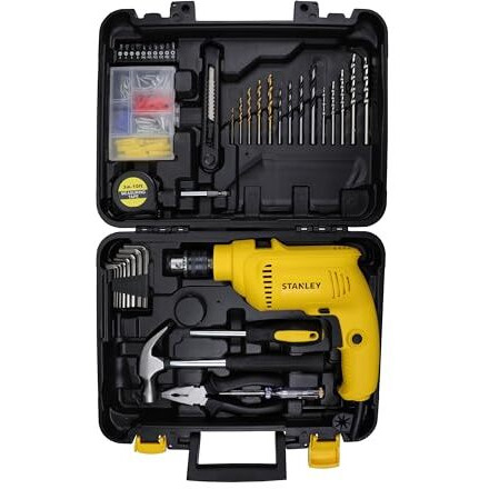 Stanley Sdh550Kp 550W 10Mm Corded Single Speed Hammer Drill Machine And Hand Tool Kit (120-Pieces) - Includes Hammer Drill, Measurement Tape, Drill Bits, Hammer, 1 Year Warranty, Yellow & Black