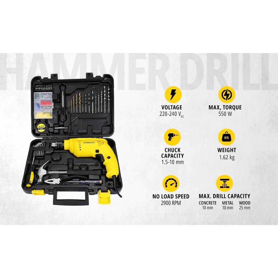Stanley Sdh550Kp 550W 10Mm Corded Single Speed Hammer Drill Machine And Hand Tool Kit (120-Pieces) - Includes Hammer Drill, Measurement Tape, Drill Bits, Hammer, 1 Year Warranty, Yellow & Black