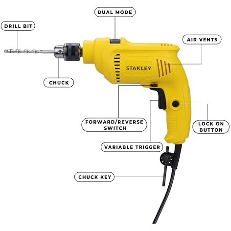 Stanley Sdh550Kp 550W 10Mm Corded Single Speed Hammer Drill Machine And Hand Tool Kit (120-Pieces) - Includes Hammer Drill, Measurement Tape, Drill Bits, Hammer, 1 Year Warranty, Yellow & Black