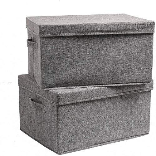 Skyfun (Label) Rectangular Foldable Large Linen Laundry, Clothes, Books, Toys Storage Living Hamper Box With Lid And Handle, Large, Pack Of 2-Grey, Large