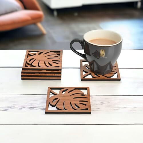 Gkd Coaster Set Of 6 Leaf Cutwork Design Wooden Coasters To Serve Tea Cups, Coffee Mugs And Glasses (3.8 X 3.8 Inch)(Dark Wood)(Ecofriendly)