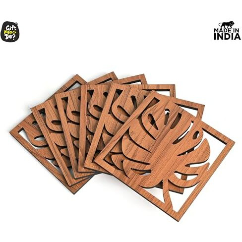 Gkd Coaster Set Of 6 Leaf Cutwork Design Wooden Coasters To Serve Tea Cups, Coffee Mugs And Glasses (3.8 X 3.8 Inch)(Dark Wood)(Ecofriendly)