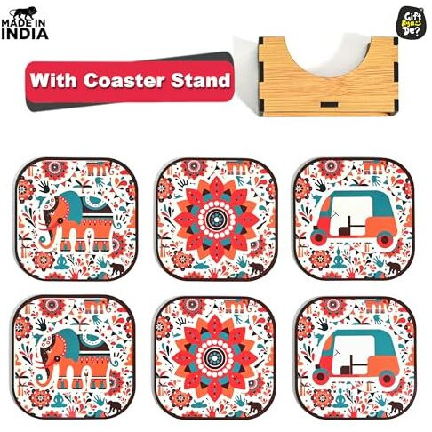 Gkd Coaster Set Of 6 Vibrant India Theme Design Wooden Coasters To Serve Tea Cups, Coffee Mugs And Glasses (3.8 X 3.8 Inch) (Square) (Ecofriendly)