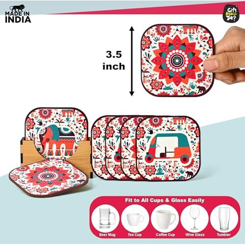 Gkd Coaster Set Of 6 Vibrant India Theme Design Wooden Coasters To Serve Tea Cups, Coffee Mugs And Glasses (3.8 X 3.8 Inch) (Square) (Ecofriendly)