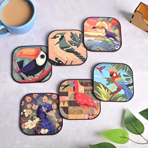Gkd Coaster Set Of 6 Birds Design Wooden Coasters To Serve Tea Cups, Coffee Mugs And Glasses (3.8 X 3.8 Inch) (Birds) (Ecofriendly)