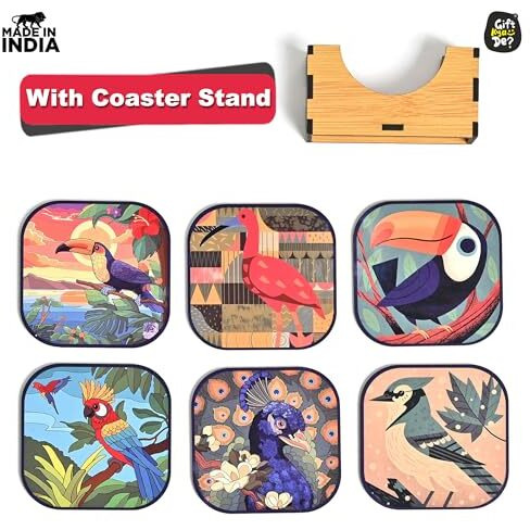 Gkd Coaster Set Of 6 Birds Design Wooden Coasters To Serve Tea Cups, Coffee Mugs And Glasses (3.8 X 3.8 Inch) (Birds) (Ecofriendly)