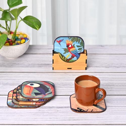Gkd Coaster Set Of 6 Birds Design Wooden Coasters To Serve Tea Cups, Coffee Mugs And Glasses (3.8 X 3.8 Inch) (Birds) (Ecofriendly)