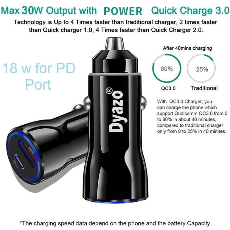 Dyazo 48W Turbo Dual Port Fast Car Charger 48W Total(18W Type C Pd + 30W Usb)| Adapter Compatible For Iphone & Android Smartphones And Tablets (Black)