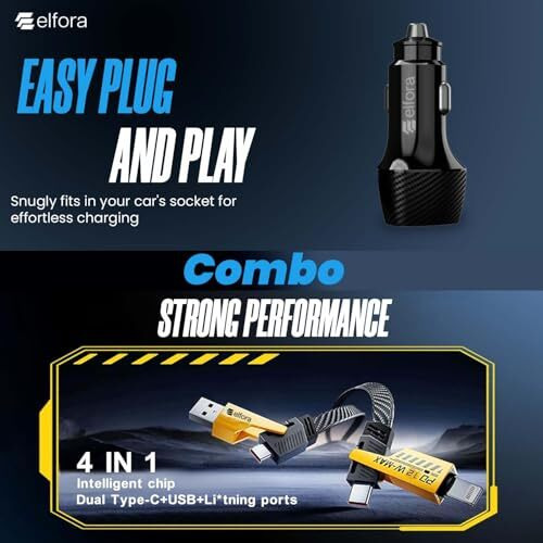 Elfora 52.5W Fast Car Charger (33W Type-C Pd + 22.5W Usb) With 65W 4 In 1 Braided 1.5M Charging Cable | Multiport Type-C | Lightning & Usb-A | Compatible For All Mobile Phones And Tablets