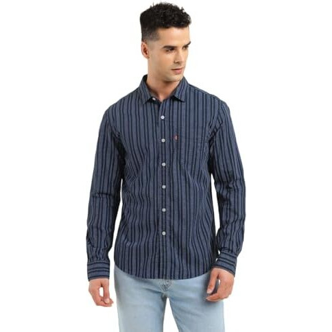 Levi's Men's Cotton Striped Slim Fit Shirt (32907-0480_Blue, Large