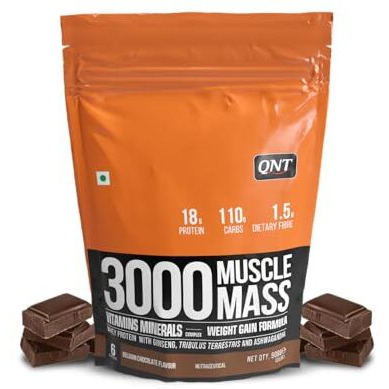 Qnt 3000 Muscle Mass Weight Gainer | 18G Protein, 1.5G Creatine, 110G Carbs | 908G, Belgian Chocolate | Enriched With Ashwagandha, Ginseng & Tribulus | Supports Muscle Growth & Recovery