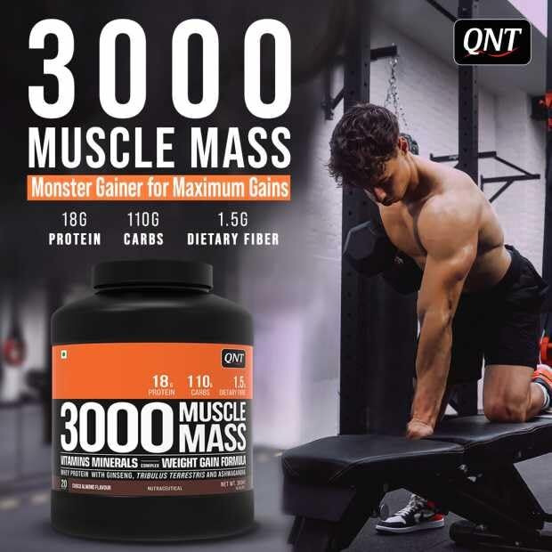 Qnt 3000 Muscle Mass Weight Gainer | 18G Protein, 1.5G Creatine, 110G Carbs | 908G, Belgian Chocolate | Enriched With Ashwagandha, Ginseng & Tribulus | Supports Muscle Growth & Recovery