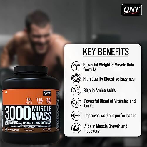 Qnt 3000 Muscle Mass Weight Gainer | 18G Protein, 1.5G Creatine, 110G Carbs | 908G, Belgian Chocolate | Enriched With Ashwagandha, Ginseng & Tribulus | Supports Muscle Growth & Recovery