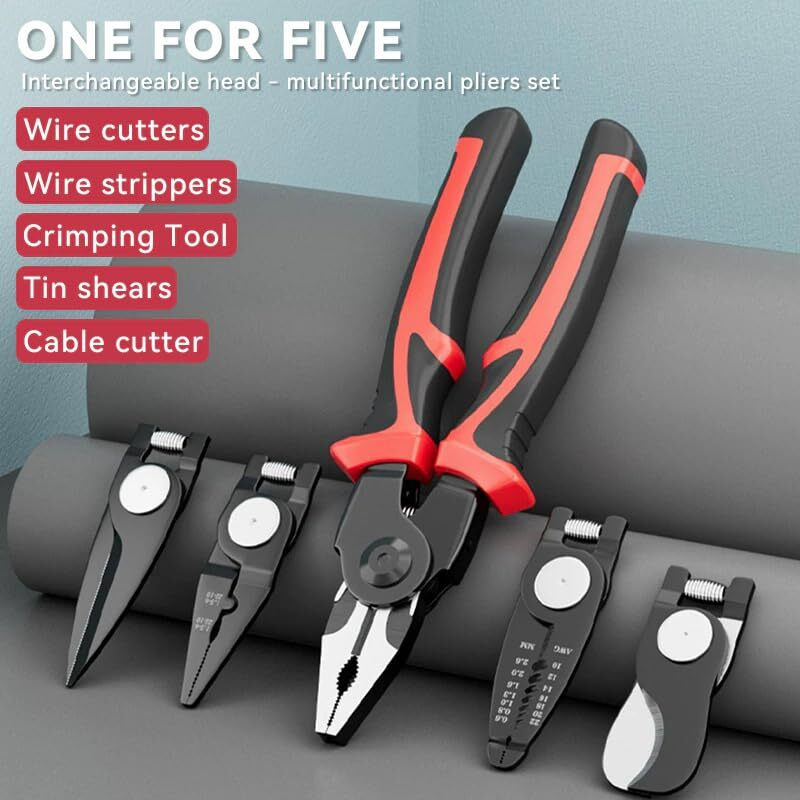 5 In 1 Multifunctional Pliers Tool Kit With 5 Interchangeable Heads Special For Electricians Combination Lineman Pliers,Cable Cutting,Wire Stripping,Crimping Tools,Sheet Metal Shear With Storage Box