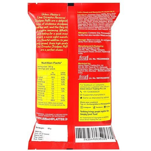 Urban Platter Lime Sriracha Chickpea Puffs, 65G (Savoury And Crunchy Snack | Zesty And Tangy | 4G Protein Per Serve | Usa Chickpeas)