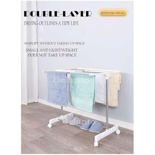 Belanto Portable Double Pole Telescopic Cloth Drying Rack | Clothes Stand For Drying Cloth Foldable And Movable Clothes Drying Stand | Laundry Drying Stand With Wheels-Stainless Steel