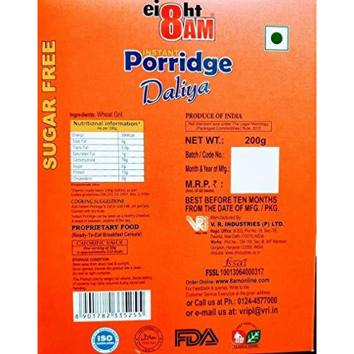 8Am Instant Wheat Porridge Sugar Free (Dalia), 200G(Pack Of 2), Rich In Protein & Fiber, Nutritious & Healthy Breakfast Cereals, Essential For Good Health, Natural Whole Wheat Improves Digestion