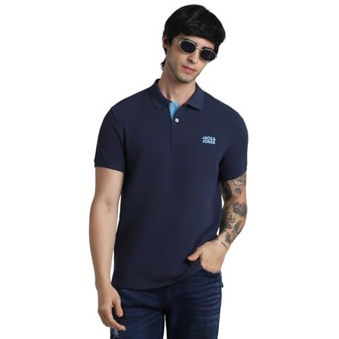 Jack & Jones Men Solid Cotton Slim Fit Blue Tshirt