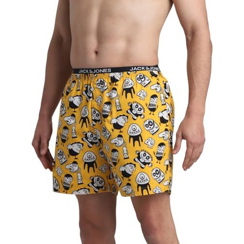 Jack & Jones Men Abstract Print Cotton Regular Fit Thigh Length Yellow Boxer Shorts