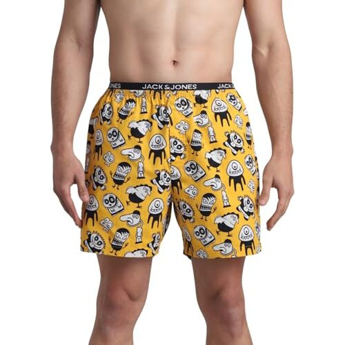 Jack & Jones Men Abstract Print Cotton Regular Fit Thigh Length Yellow Boxer Shorts