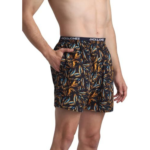 Jack & Jones Men Abstract Print Cotton Regular Fit Thigh Length Blue Boxer Shorts