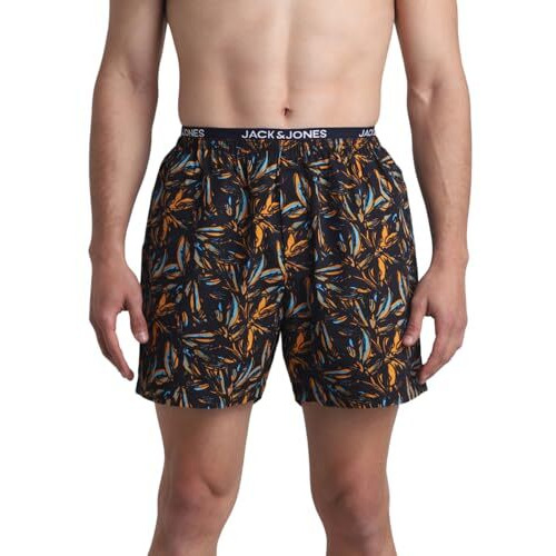 Jack & Jones Men Abstract Print Cotton Regular Fit Thigh Length Blue Boxer Shorts