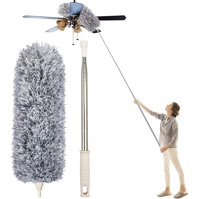 Kerok Microfiber Feather Duster Bendable & Extendable Fan Cleaning Duster With 100 Inches Expandable Pole Handle Washable Duster For High Ceiling Fans, Window Blinds, Furniture (Grey)