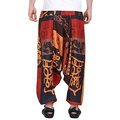 Whitewhale Men's Cotton Solid Loose Harem Pants Yoga Mid Rise Trousers Hippie Pant Brown, 2Xl