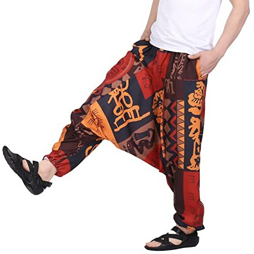 Whitewhale Men's Cotton Solid Loose Harem Pants Yoga Mid Rise Trousers Hippie Pant Brown, 2Xl