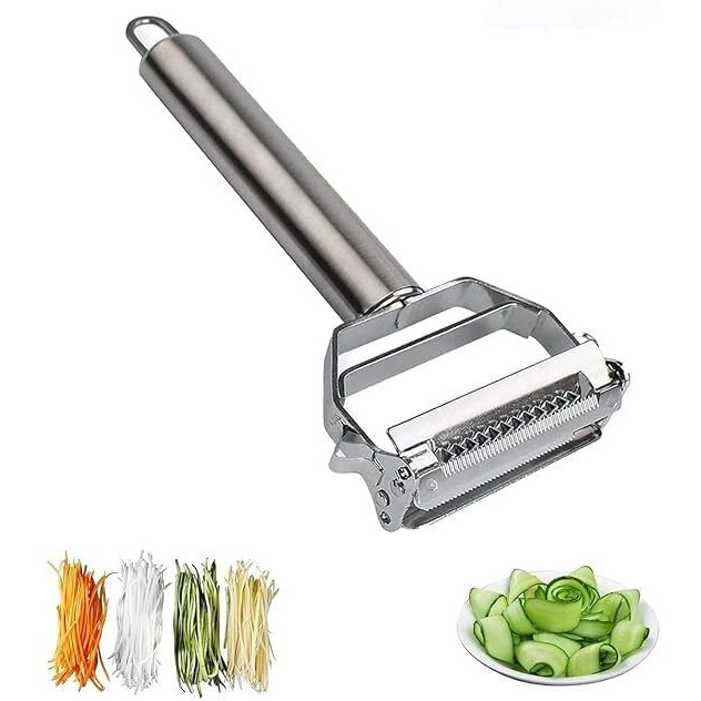R Runilex Stainless Steel 2 In 1 Julienne Vegetable Peeler Multi-Functional Fruit Vegetable Shredder Slicer Double Planing Cutter Potato Cucumber Carrot Melon Grater (Silver, 18 X 8.2 X 2.4 Cm)