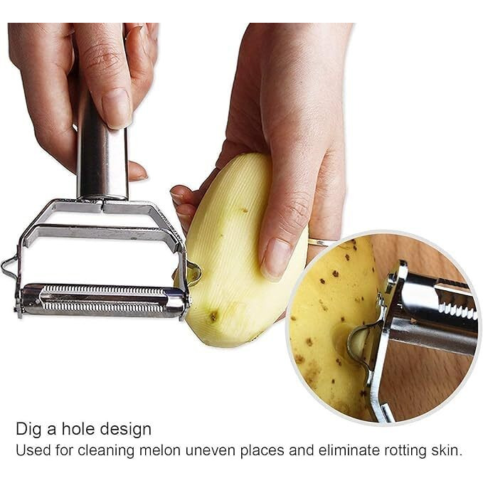 R Runilex Stainless Steel 2 In 1 Julienne Vegetable Peeler Multi-Functional Fruit Vegetable Shredder Slicer Double Planing Cutter Potato Cucumber Carrot Melon Grater (Silver, 18 X 8.2 X 2.4 Cm)