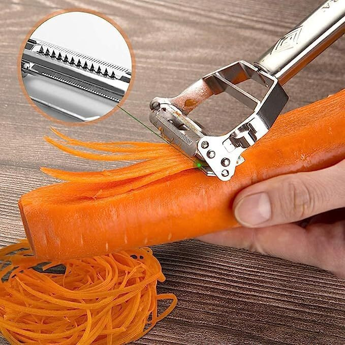 R Runilex Stainless Steel 2 In 1 Julienne Vegetable Peeler Multi-Functional Fruit Vegetable Shredder Slicer Double Planing Cutter Potato Cucumber Carrot Melon Grater (Silver, 18 X 8.2 X 2.4 Cm)