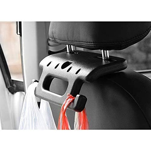 Dayish Car Backseat Headrest Hook | Hanging Storage Holder | Car Organiser | Space Saving Car Seat Hanger With Grab Bar Suitable For All Cars, Handbag, Wallets, Keys, Grocery Bags - Black
